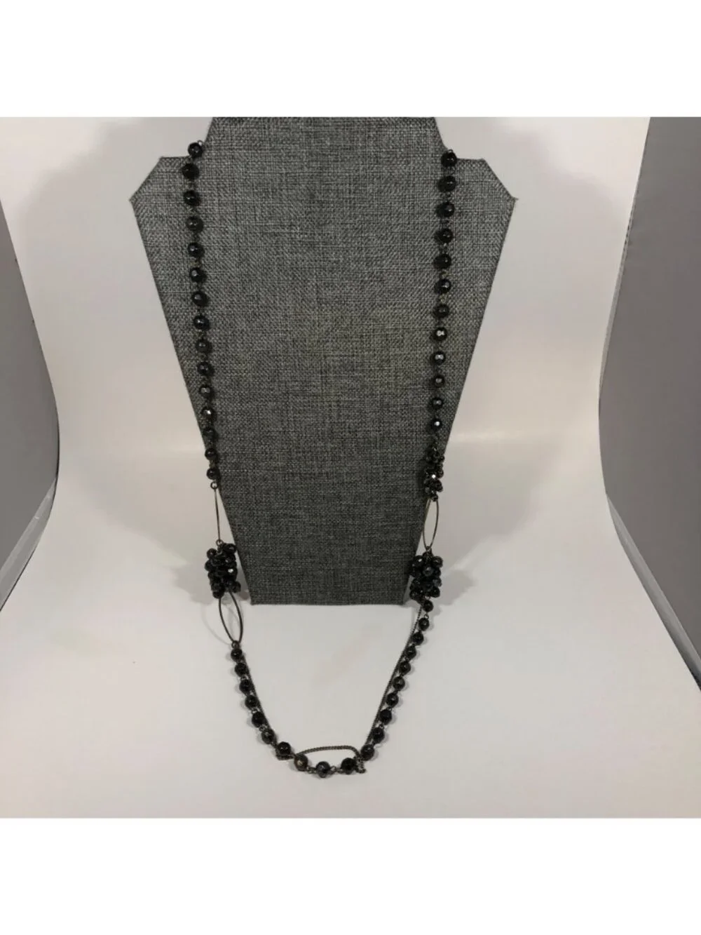 Black Faceted Bead Cluster Statement Necklace Long Antique Gold Tone 38 inch
